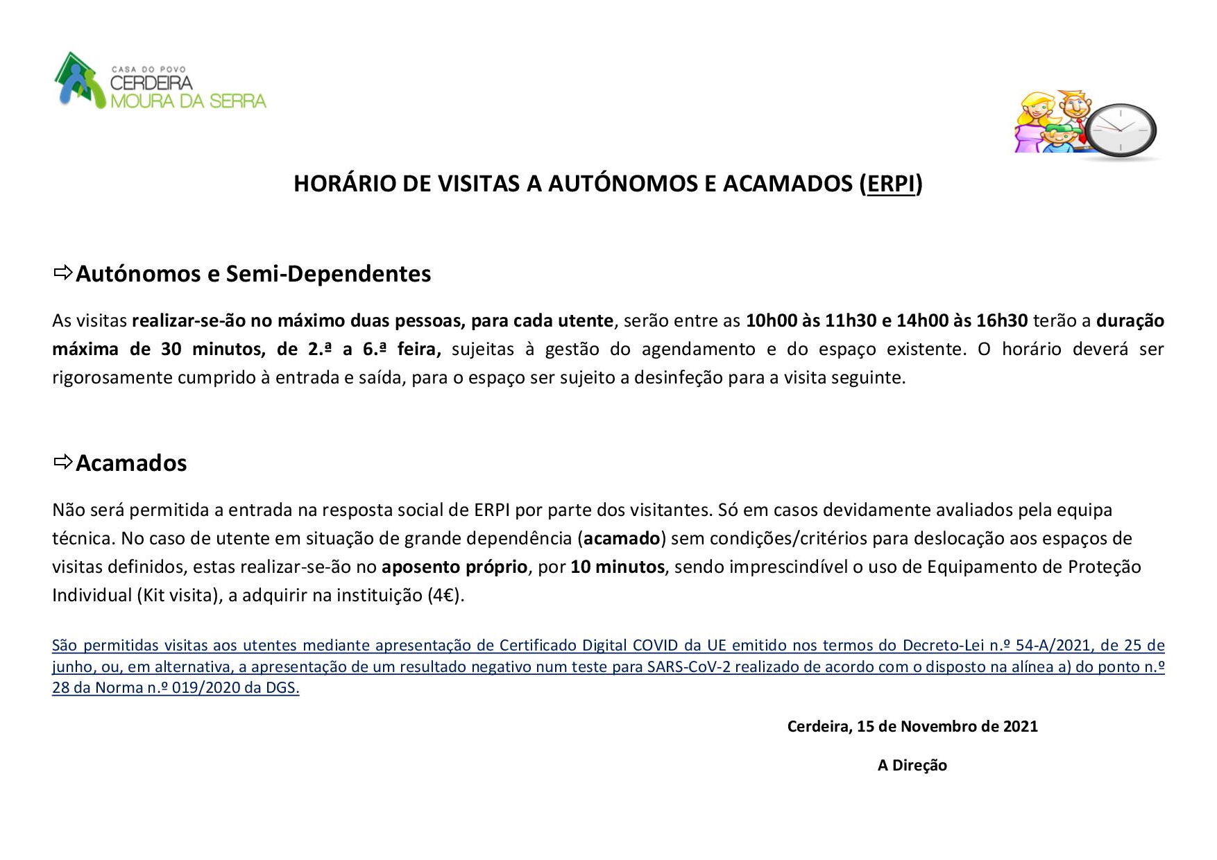 HORÁRIO DE VISITAS A AUTÓNOMOS E ACAMADOS (ERPI) em 15/11/2021