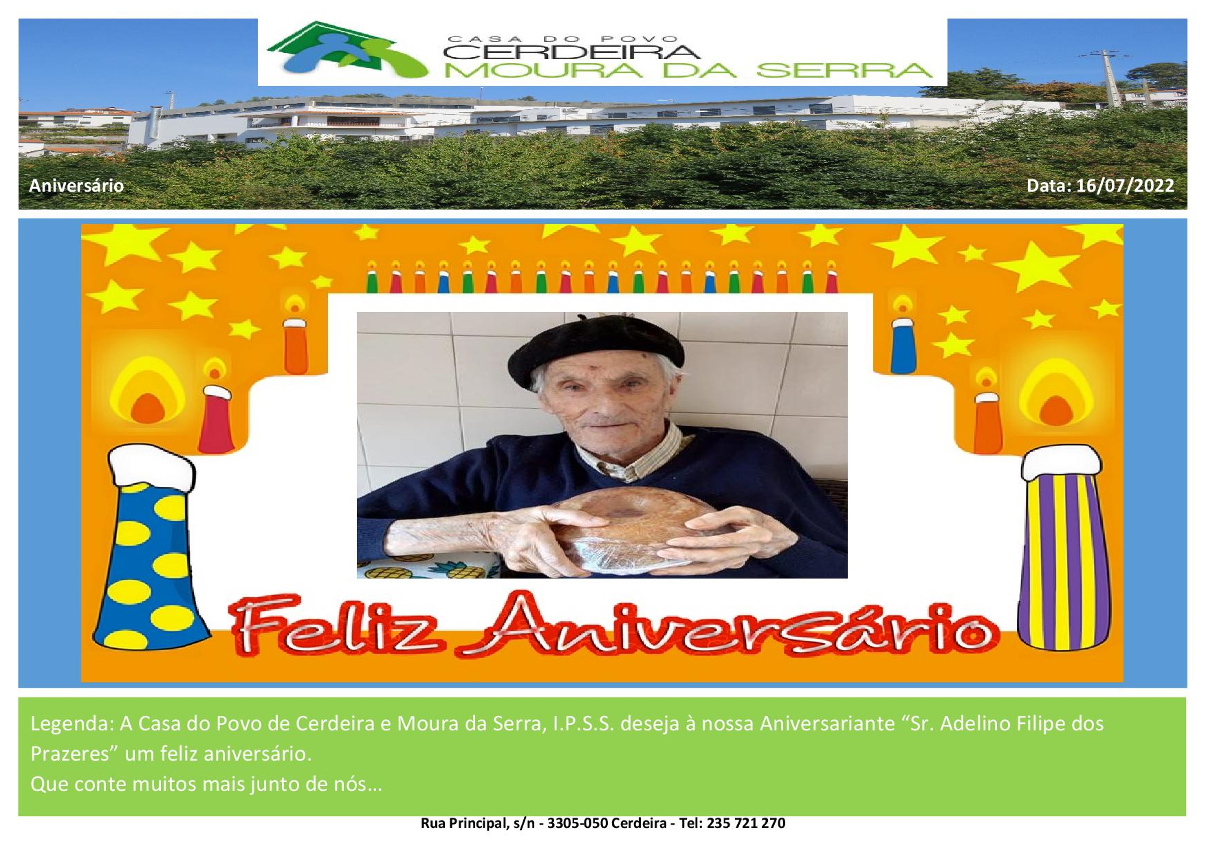 Feliz Aniversário Sr. Adelino Filipe em 16/07/2022
