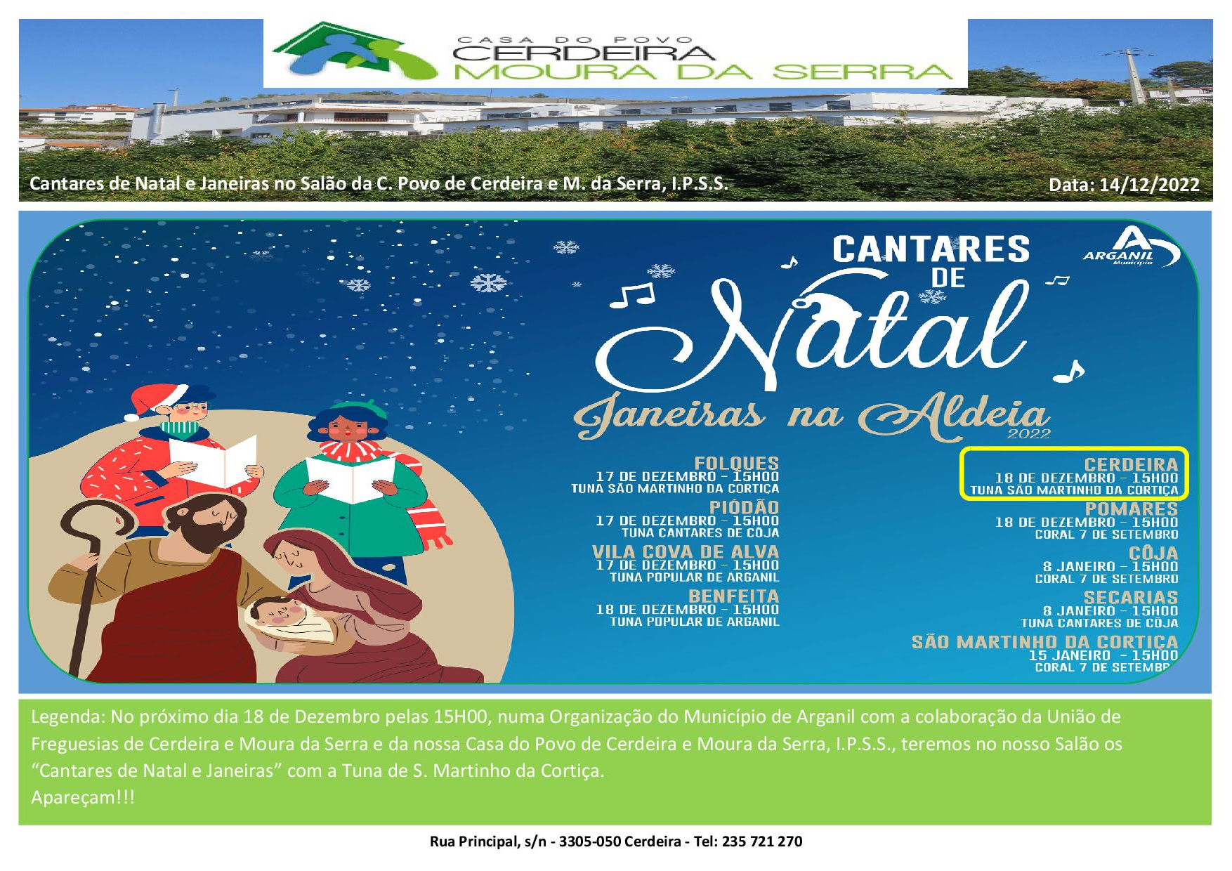 “Cantares de Natal e Janeiras” no próximo Domingo dia 18/12/2022