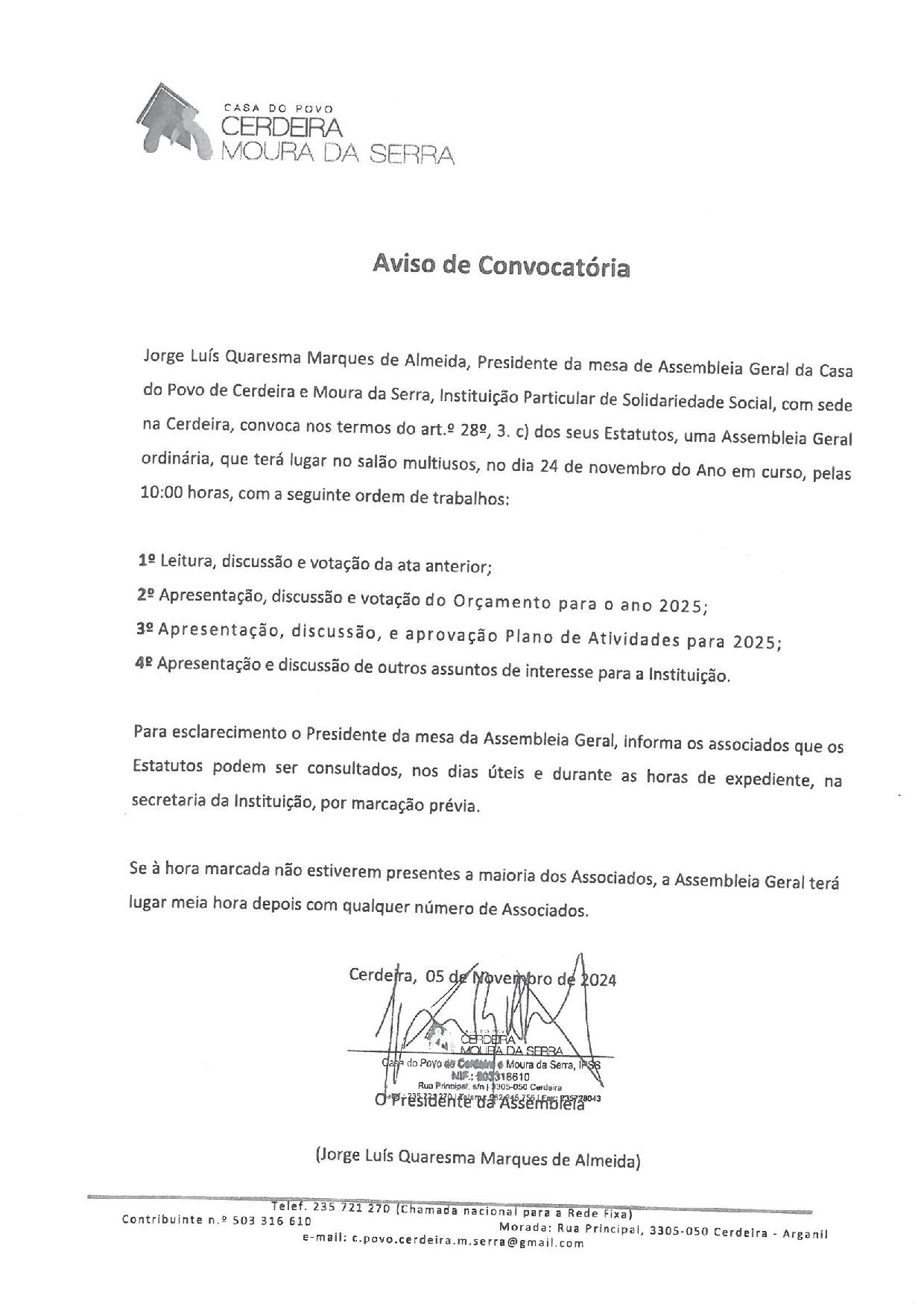 Assembleia Geral da Casa do Povo de Cerdeira e Moura da Serra, I.P.S.S em 24/11/2024