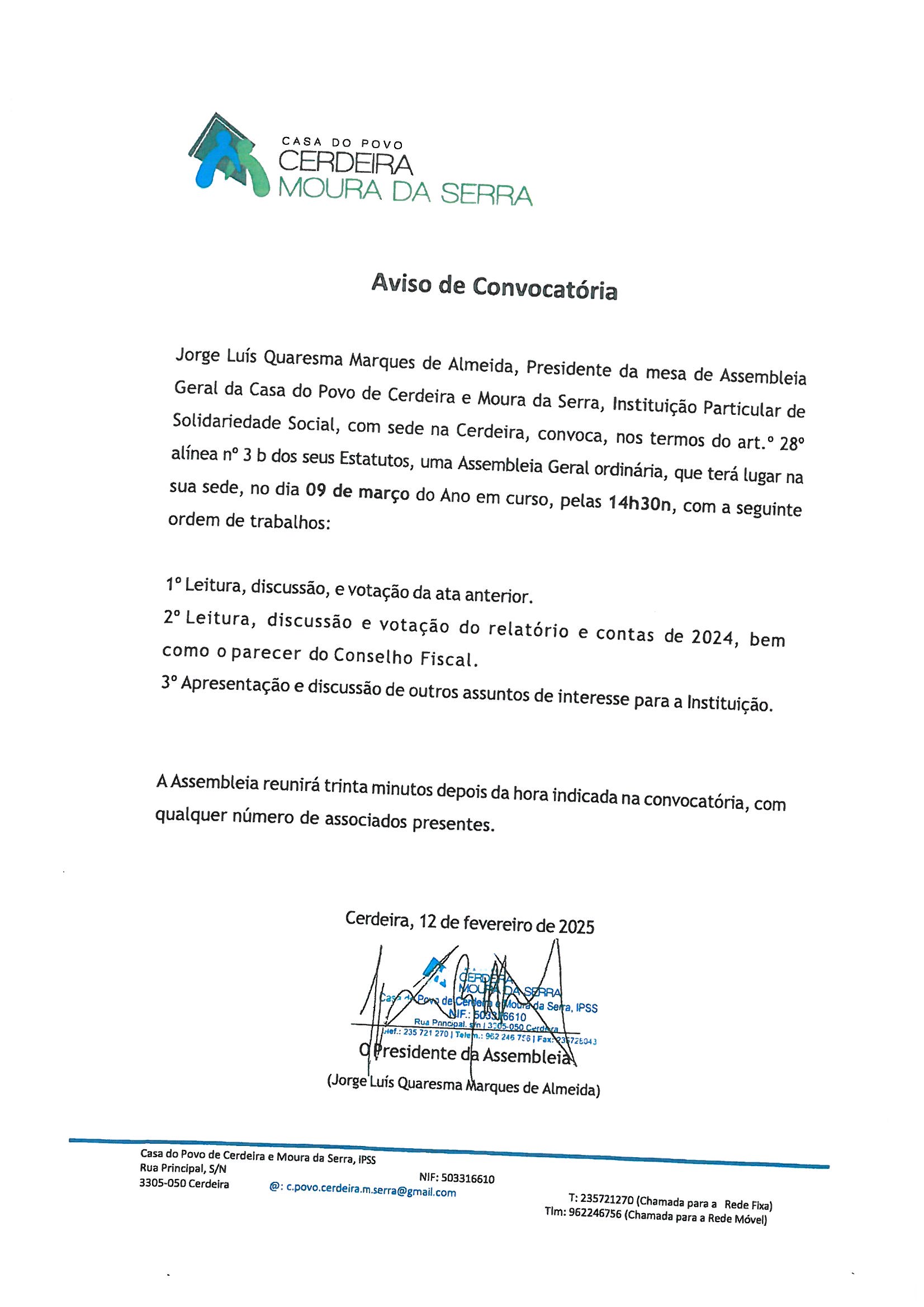 Assembleia Geral da Casa do Povo de Cerdeira e Moura da Serra, I.P.S.S. em 09/03/2025